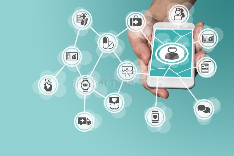 Digital und bewegliches Gesundheitswesenkonzept mit der Hand, die intelligentes Telefon hält lizenzfreie stockbilder