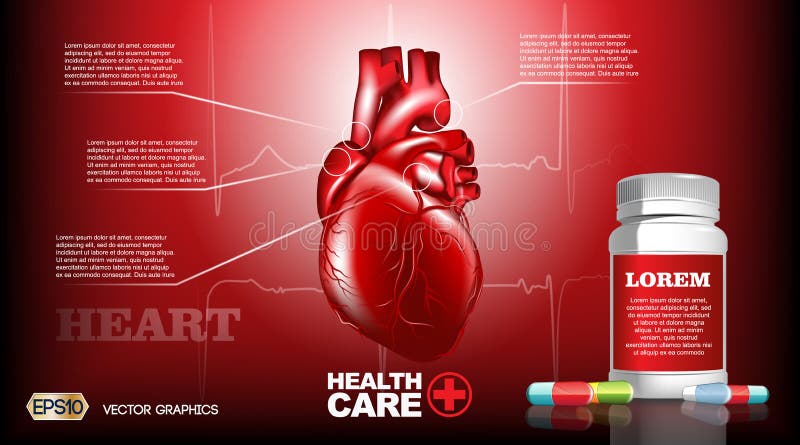 Digital Vector Infografic Realistic Human Heart. Premium quality illustration detailed organs. Health care drug pills stock illustration Digital Vector Infografic Realistic Human Heart. Premium quality illustration detailed organs. Health care drug pills stock illustration