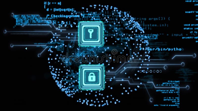 Digital video showcases global internet security through binary and icon compositions. stock illustration