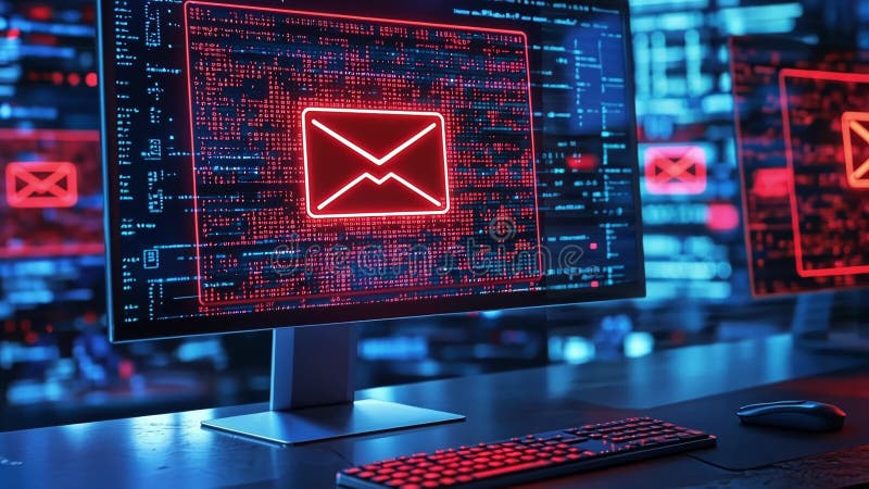 A digital visualization on a computer monitor illustrates a spam detection algorithm in action. Colorcoded alerts vector illustration