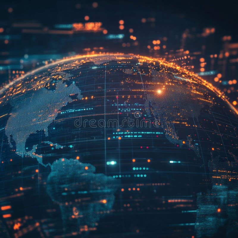 Digital Visualization of a Global Network with Neon Lights and Data Connections in Space vector illustration