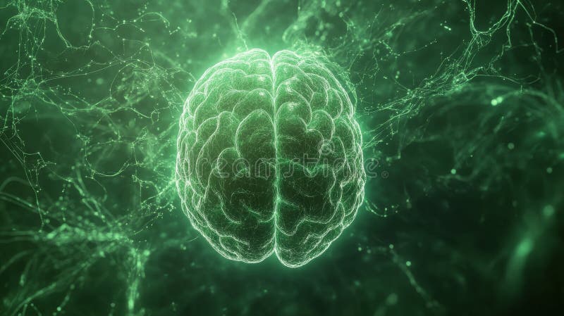 Digital visualization of a human brain network in green tones royalty free illustration