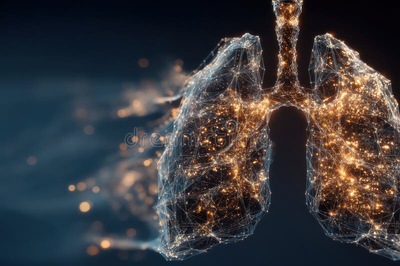 A vivid visual representation of lungs depicted with a glowing neural network-like structure, emphasizing connections and futuristic medical imaging. The image showcases the concepts of science, health, and technology, forming an artistic study of the human respiratory system. This composition is perfect for topics related to medicine, artificial intelligence, or advanced digital visualization in biotechnology. Artificial intelligence lungs stock images, royalty-free photos and pictures