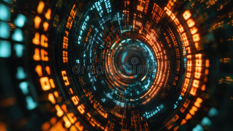 A digital vortex of glowing binary data, symbolizing technology and information flow stock illustration