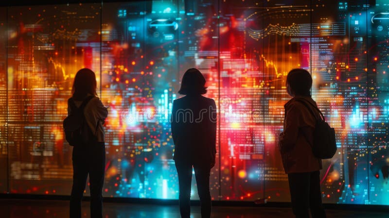 A digital wall is transformed into a futuristic data visualization tool as a team of bankers and analysts work together to analyze complex financial data. The holographic AI generated. A digital wall is transformed into a futuristic data visualization tool as a team of bankers and analysts work together to analyze complex financial data. The holographic AI generated