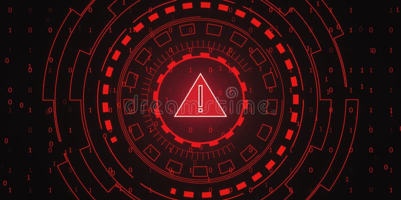 Digital Warning Exclamation Mark on Red Cyber Background. 3D Rendering stock illustration