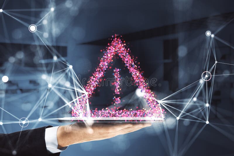 Digital warning exclamation symbol in red hologram style over a hand holding tablet. Abstract cybersecurity concept background. 3D vector illustration