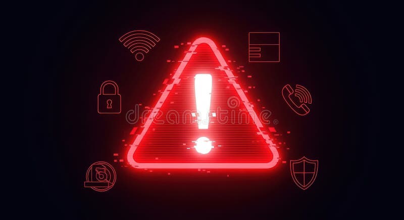 A digital warning sign with glitch effect, indicating a cybersecurity threat stock illustration