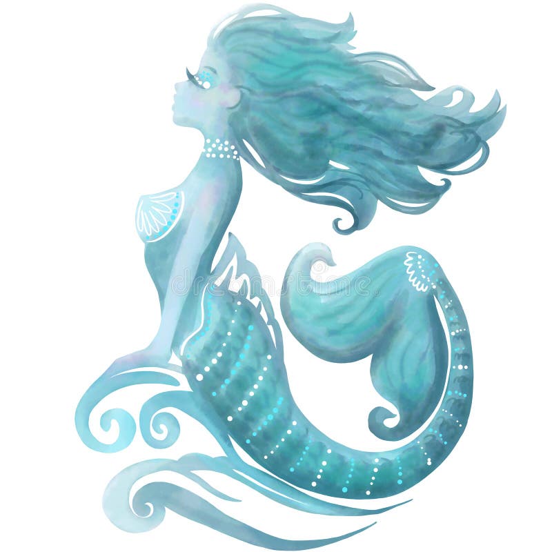 Digital watercolor illustration of Beautiful Mermaid in beads on waves. Cute and elegant icon for spa salon.