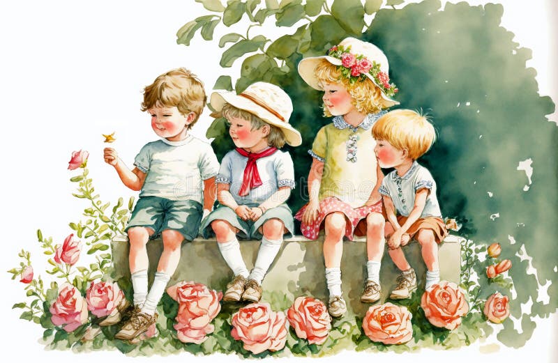 Digital watercolor illustration of a group of children sitting on a bench on the flowers garden