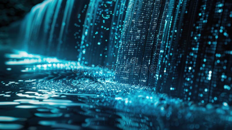 Digital waterfall flowing into data lake, big data visualization. Binary code cascading like a digital waterfall into a data lake, illustrating the concepts of big data, data flow, and advancements in information technology AI generated