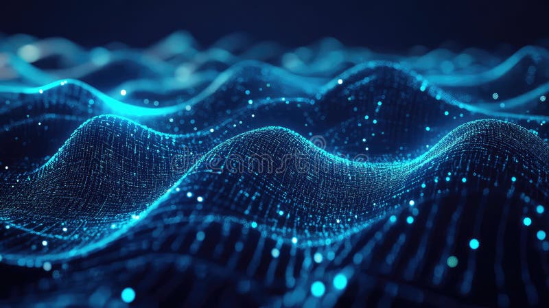Glowing blue particles forming network connected waves, representing data visualization, technology concepts, and digital information flowing in a futuristic abstract landscape. Blockchain network analysis stock images, royalty-free photos and pictures