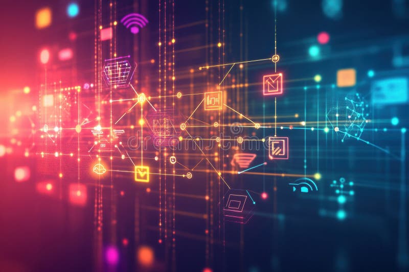 Digital web of interconnected tech icons with glowing lines on a vibrant gradient background showcasing modern stock image