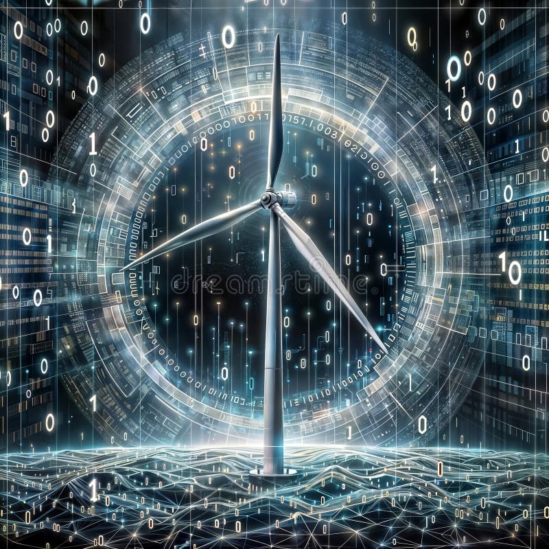Digital Wind: Shapes, Code & Turbine, generative ai royalty free illustration