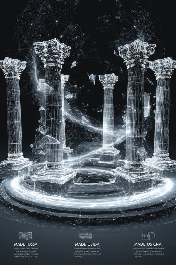 A digitally rendered image featuring classical architectural columns in a low-poly wireframe style. The glowing columns are intricately detailed and set against an abstract dark background, symbolizing themes of structure, foundation, and technology. Ideal for concepts related to architecture, innovation, and the digital transformation of traditional ideas. Abstract classical stock images, royalty-free photos and pictures