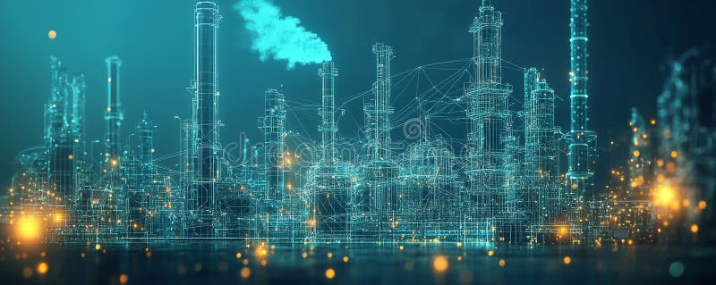 Structură de fire digitală din fabrică futuristă cu conexiuni tehnologice și lumini strălucitoare stock illustration
