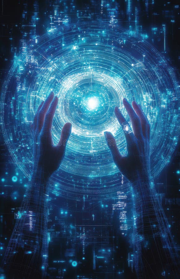 Digital wireframe hands reaching towards a glowing vortex of data and light, symbolizing technology and connectivity in royalty free stock image