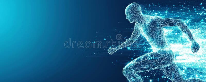 Ilustrarea cu cadru de fire digital a unui atlet care rulează cu elemente tehnice futuriste stock illustration