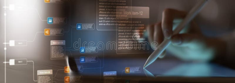 Digital Workflow Management and Project Planning Visualization on Modern Tablet Interface stock photography