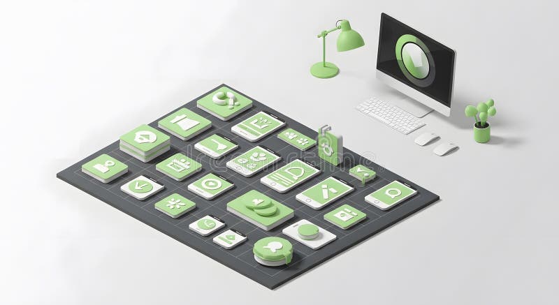 Isometric View of a Digital Workspace with Computer, Lamp, and App Icons Layout vector illustration