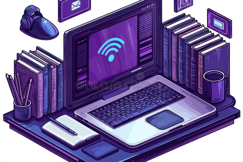Digital workspace featuring laptop, open notebook, books, and technology accessories. A vivid illustration depicting a technology desk setup with a focus on education. Includes a laptop displaying a wireless icon, an open notebook with a pen, neatly arranged books, and essential desk accessories. Striking purple and blue hues create a modern and professional ambiance. Ideal for concepts related to technology, workspaces, and productivity. AI generated