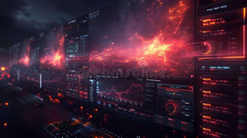 A digital workspace with a grid of screens displaying interactive financial planning tools. The tools use advanced royalty free stock image