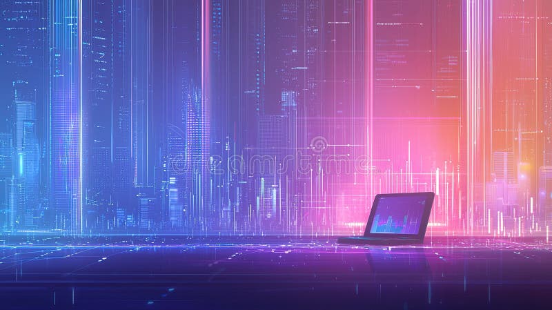 A digital workspace with a laptop illuminated by colorful lights in a futuristic urban environment at dusk royalty free stock image