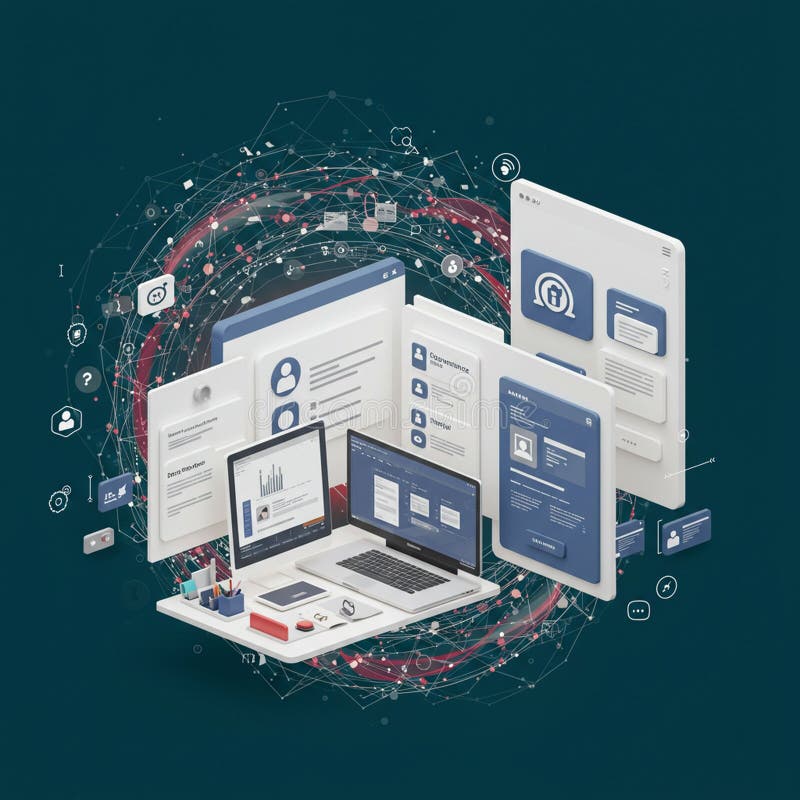 A digital workspace scene features a laptop, tablet, and smartphone on a white desk. vector illustration