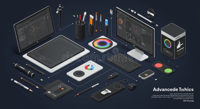 A digital workstation showcasing various design tools on a dark surface. Two stock illustration