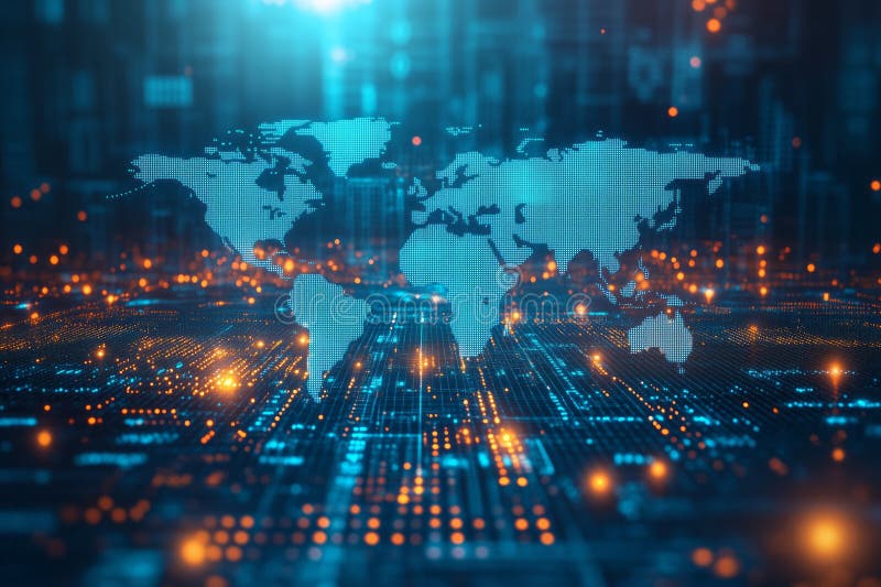 Digital world map connecting global data on futuristic circuit board royalty free illustration
