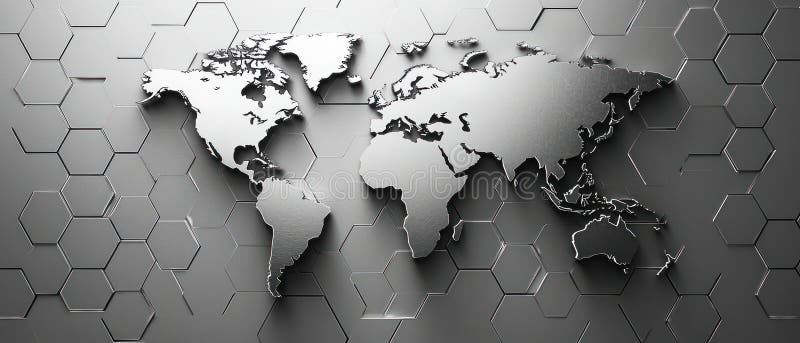Digital world map with hexagonal grid patterns in silver tones, showcasing global connectivity and modern design stock image