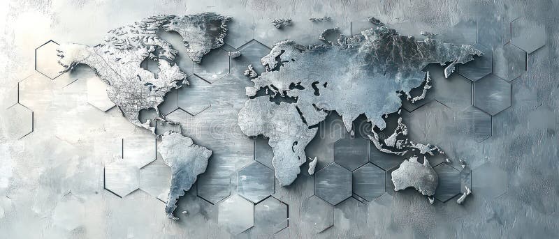 Digital world map with hexagonal grid patterns in silver tones, showcasing global connectivity and modern design stock images