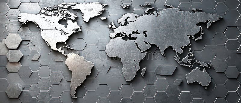 Digital world map with hexagonal grid patterns in silver tones, showcasing global connectivity and modern design royalty free stock images