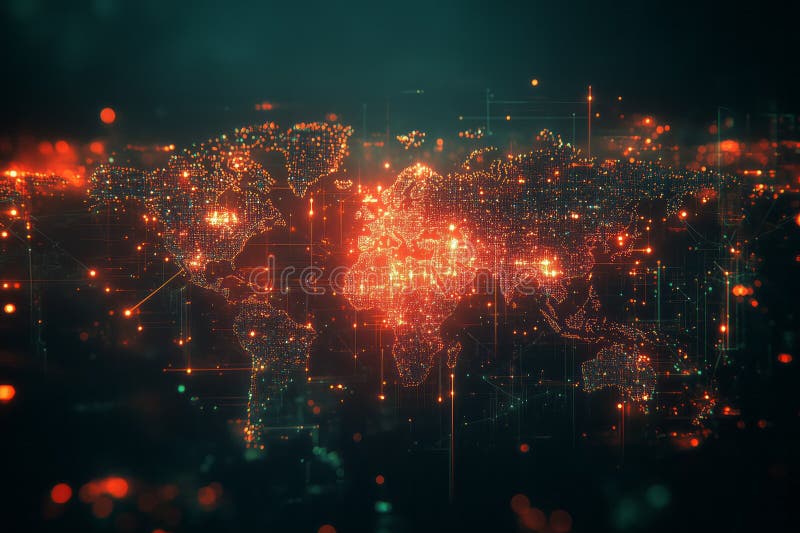 Digital world map highlighting global connections and data flow stock illustration