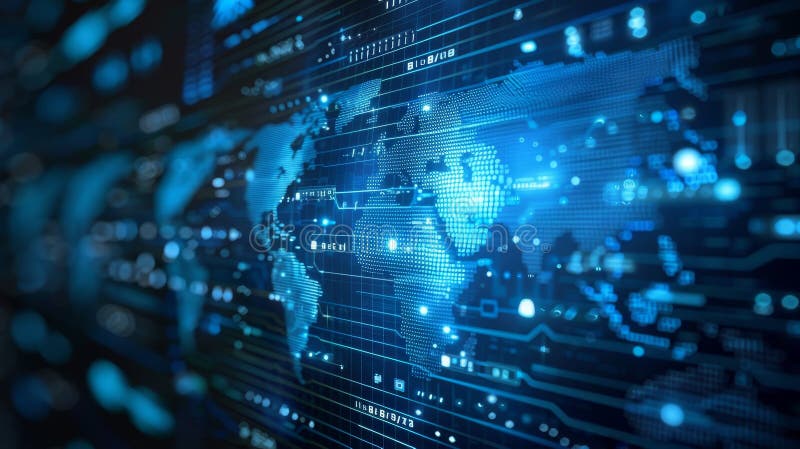 Digital world map overlay with glowing lines and binary code, representing global connectivity and data transfer in technology ,Generative AI