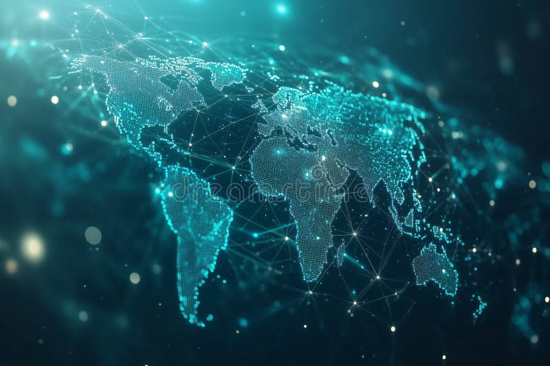 Digital world map showing global connections and data exchange vector illustration