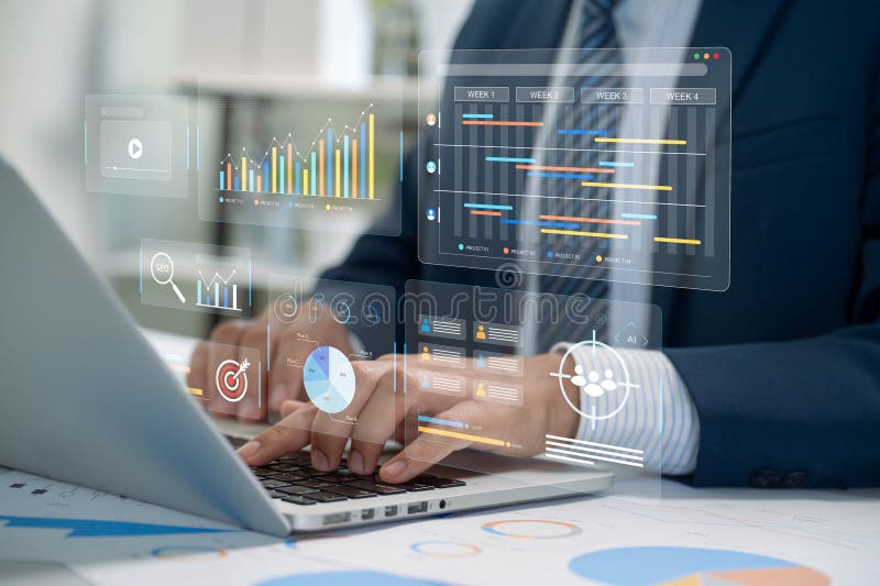 Digitala marknadsföringslösningar som integrerar seai-driven dataanalys och strategisk prestandahantering för att stärka företag stock illustrationer