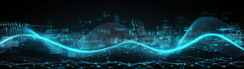 Digitala vågor i cybernetiskt cityscape och binär kod en terministisk abstrakt sammansättning av blå glödande linjer och punkter p vektor illustrationer