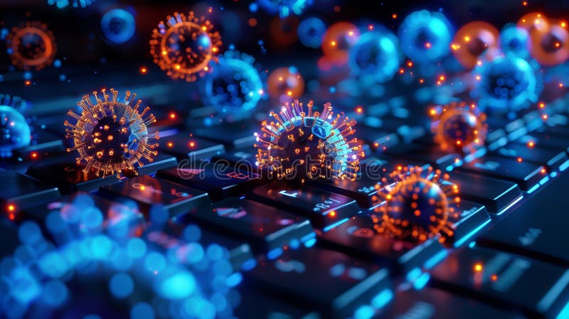 Digitale Abbildung glühender Viruspartikel auf einer Computertastatur, die Bedrohungen der Cybersicherheit symbolisiert lizenzfreie abbildung