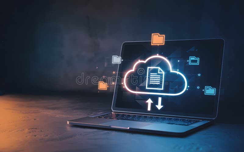 Digitale Cloud-Computing-Datenspeicherungstechnik - moderne, sichere Online-Informationsübertragung - Netzwerk-Dateizugriff stock abbildung