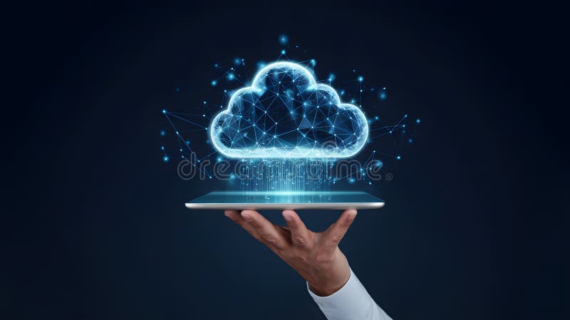 Digitale Cloud Computing Network Technology Datenspeicherung Abstrakter Blue Glow Hand Holding Tablet Global Connection stock abbildung