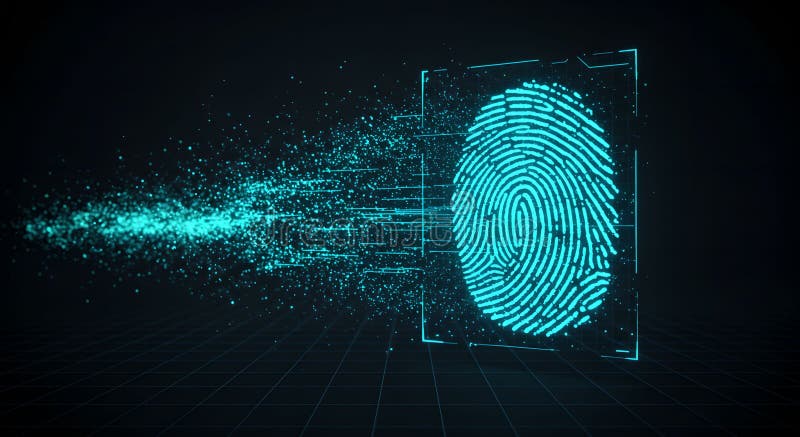 Digitale Fingerabdruckprüfung mit Partikelstrahl auf dunklem Hintergrund stock abbildung