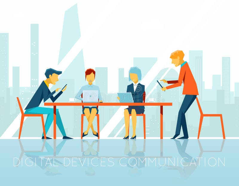 People digital devices communication. Businesswoman and businessman, teamwork people, digital technology, device communicate, web internet, vector illustration. People digital devices communication. Businesswoman and businessman, teamwork people, digital technology, device communicate, web internet, vector illustration