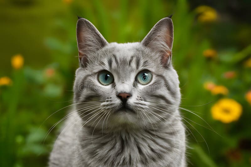 Digitale graue Katze mit blauen Augen blickt dem beliebten Begleiter-Konzept voraus stock abbildung