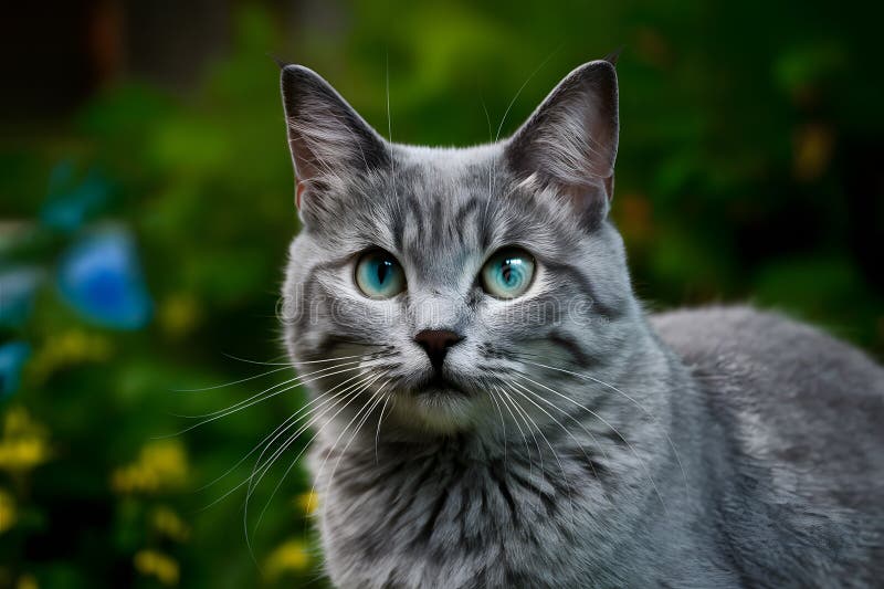 Digitale graue Katze mit blauen Augen blickt dem beliebten Begleiter-Konzept voraus lizenzfreie abbildung
