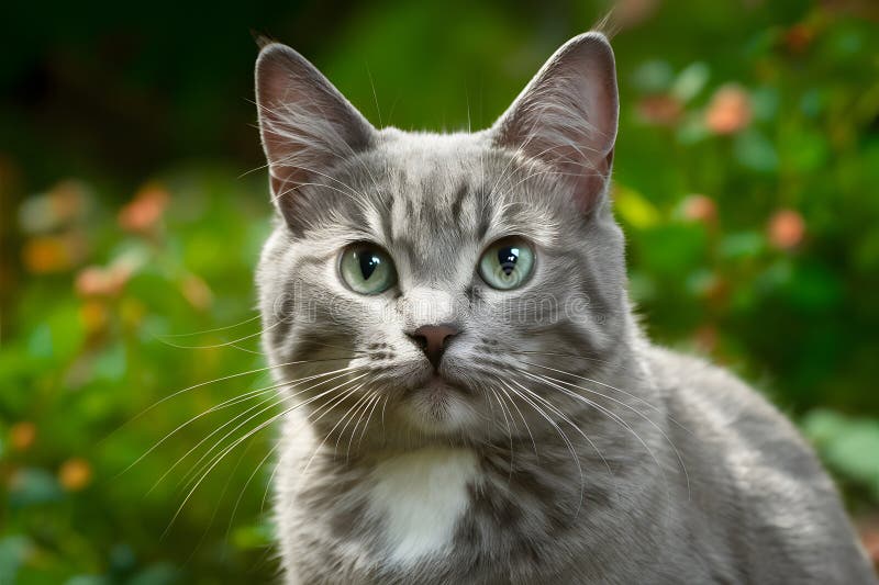 Digitale graue Katze mit blauen Augen blickt dem beliebten Begleiter-Konzept voraus stock abbildung