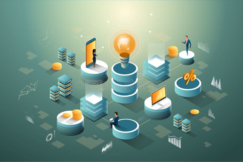 Digitale kern, bedrijfs, financiën en van netwerkengegevens isometrische infographic met idee van mensen vector illustratie Digitale kern, bedrijfs, financiën en van netwerkengegevens isometrische infographic met idee van mensen vector illustratie