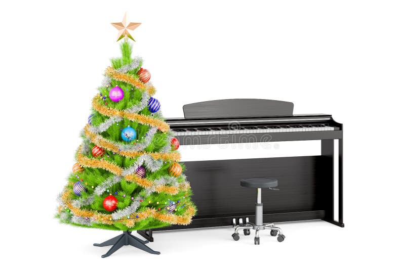 Digital piano with Christmas tree. 3D rendering isolated on white background. Digital piano with Christmas tree. 3D rendering isolated on white background