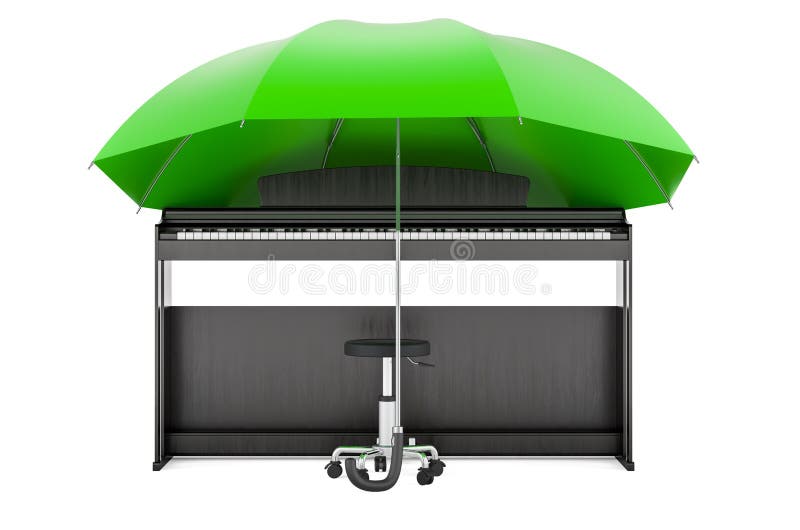 Digital piano under umbrella, 3D rendering isolated on white background. Digital piano under umbrella, 3D rendering isolated on white background