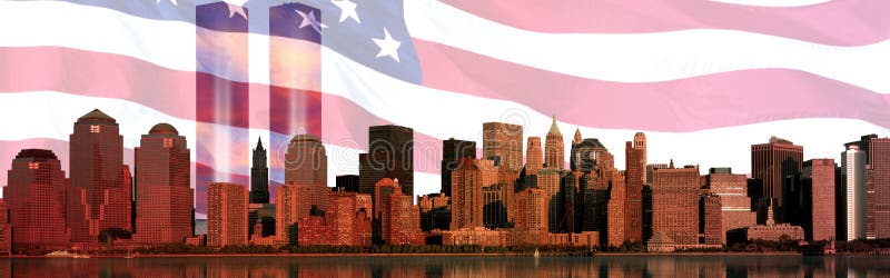 Digitale samenstelling: De horizon van Manhattan, Amerikaanse vlag, World Trade Center Licht Gedenkteken stock afbeeldingen Digitale samenstelling: De horizon van Manhattan, Amerikaanse vlag, World Trade Center Licht Gedenkteken stock afbeeldingen